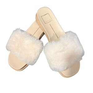Dolce Vita Womens Cream Faux Fur Slide Sandals Square Toe Wedge Ivory 8.5